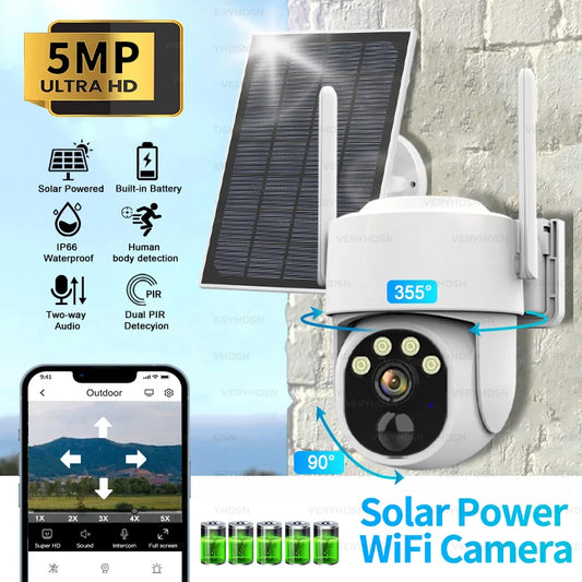 5MP PTZ IP WiFi Camera Solar Power Low Comsunption Panel Built-in Battery Surveillance Cameras PIR Human Detection Outdoor IP66